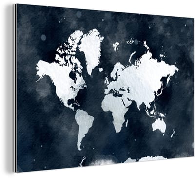 Aluminium schilderij 180x120 cm - Wanddecoratie metaal - Wereldkaart - Blauw - Waterverf - Metalen muurdecoratie woonkamer - Decoratie industrieel - Foto op dibond - Industriële accessoires slaapkamer