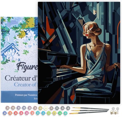 Figured'Art Schilderen op Nummer Volwassenen met lijst Art Deco Vrouw aan een Piano- Handwerk acrylverf Kit DIY Compleet - 40x50cm Canvas al ingelijst