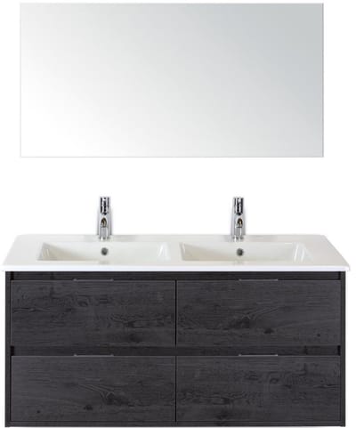 Porto Badmeubelset 120 cm - 4 Laden Black Oak - Keramische Wastafel Wit Slim met Spiegel