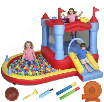 Opblaasbaar springkasteel met blower, glijbaan, trampoline, kinderbadje/ballenbak en waterpistool 342x255x209cm, Blauw