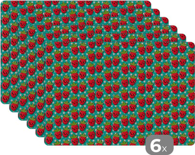 Placemat - Placemats kunststof - Aardbeien - Kinderen - Fruit - Vegan - Design - 45x30 cm - 6 stuks - Hittebestendig - Anti-Slip - Onderlegger - Afneembaar