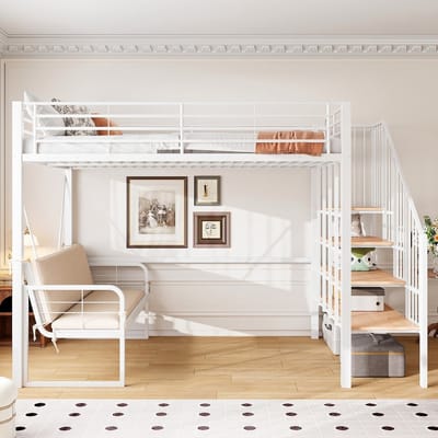 VVBV Kinderstapelbed 140x200 cm met Trap/Ladder, Voor Kinderen/Tieners - Voor Volwassenen, Opbergruimte - Metaal Wit