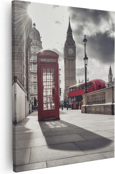 Artaza Canvas Schilderij Big Ben - 40x50 cm - Muurdecoratie Londen - Wanddecoratie Rode Bus - Schilderijen Op Canvas Skyline