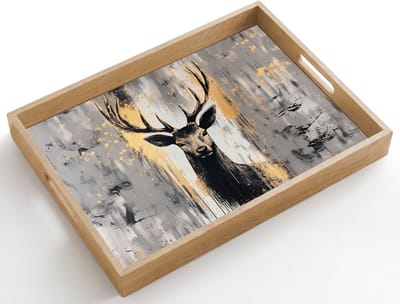 Dienblad hout 50x35 cm - Schootdienblad - Abstract - Hert - Gewei - Goud - Borrelplank rechthoek - Plateau dienbladen