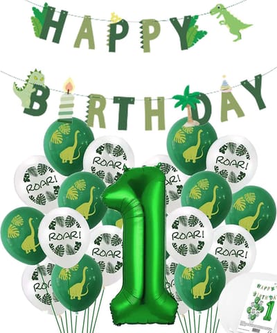 Cijfer Ballon 1 Jaar - Dinosaurus - Dino Mega pakket Ballonnen en Feestslinger - Groen - Helium Ballon - Snoes