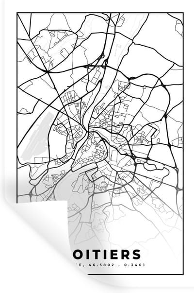 Muurstickers - Sticker Folie - Plattegrond - Kaart - Poitiers - Frankrijk - Stadskaart - Zwart wit - 20x30 cm - Plakfolie - Muurstickers Kinderkamer - Zelfklevend Behang - Zelfklevend behangpapier - Stickerfolie