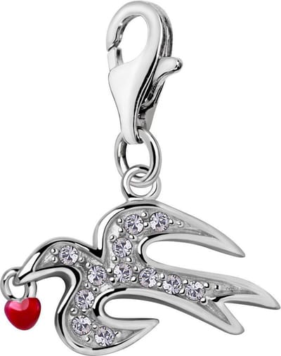 Quiges – 925 - Zilver – Charm - Bedel - Hanger - 3D Vogel Zwaluw met Hart en Zirkonia - met – sterling - zilver - karabijnslot - geschikt - voor - Bedelarmband HC291