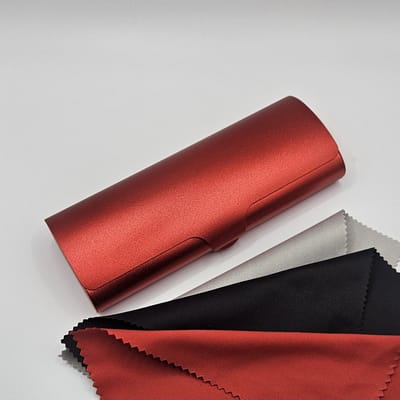 TOPVERKOOP! Aluminium brillenkoker met doekje, harde slijtvaste praktische brillendoos van hoge kwaliteit / Rood metalen koker / brillenkoker en microvezeldoekje/ geweldig cadeau / boîte/ hard case / harde hoes van metaal
