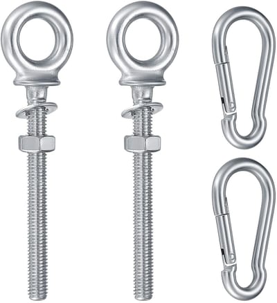 Oogbout met karabijnhaak, M8 x 80 mm oogschroef met metrische schroefdraad, 2 stuks oogschroeven, ringbouten, 2 stuks karabijnhaken, roestvrij staal