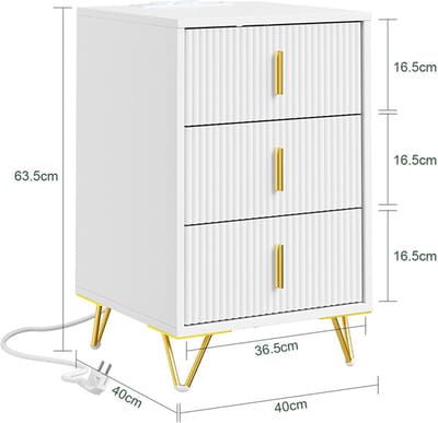 SoBuy Nachttafel - Modern nachtkastje met 3 laden, geïntegreerde lading en draagvermogen 27 kg - Wit met gouden poten - 36x40x63 cm