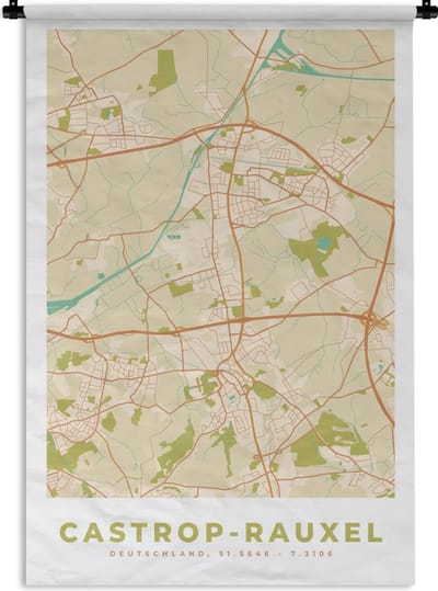 Wandkleed - Wanddoek - Plattegrond - Castrop-Rauxel - Kaart - Stadskaart - Vintage - 120x180 cm - Wandtapijt