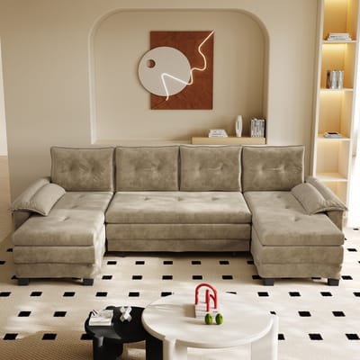 Wishdor - U-Vormige Modulaire Slaapbank - Uittrekbaar 2-In-1 Ontwerp Met USB-Aansluiting En Afneembare Armleuningen - Modern Voor Woonkamer Of Appartement - Chenille - Camel - 278 X 127 X 87 Cm