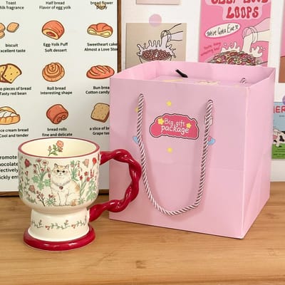 Tasse Mug en Céramique avec Cuillère Souvenir Mignon Cadeau d'Anniversaire Tasse à Eau pour Filles Tasse à Café Couple Haut de Gamme 301-400ml