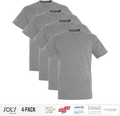 4 Pack Sol's Heren T-Shirt 100% biologisch katoen Ronde hals grijs Maat S