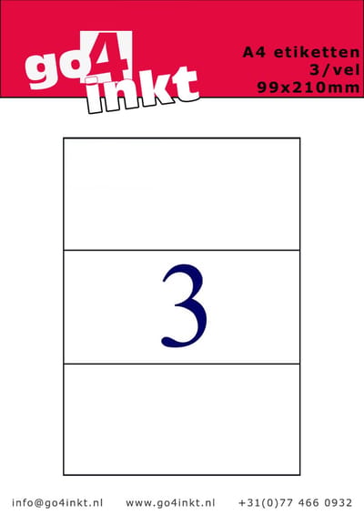 Go4inkt A4 Etiketten 3/vel 99mm x 210mm (100 vel) stickervellen wit