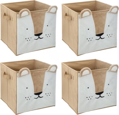 Atmosphera Opbergmand/kastmand leeuw - 4x - voor kinderen - karton/kunststof - bruin - 30 x 30 cm
