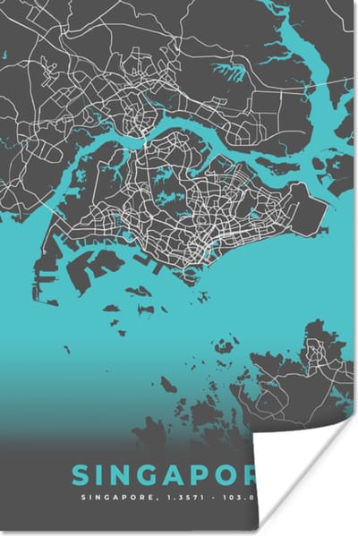 Poster Stadskaart - Blauw - Singapore - Plattegrond - Kaart - 120x180 cm XXL