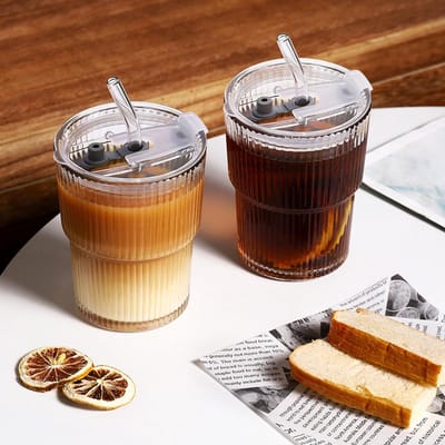 MTTProducts - Glass Cup with Lid and Straw - Drinkbeker - Airtight en Waterproof - 400 ml - Set van 2 - Geschikt voor Koffie, Thee en Sap