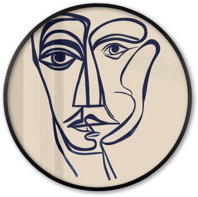 Poster in lijst Rond - Fotolijst 60x60 cm - Posters - Minimalistisch - Lijnillustratie - Beige - Donkerblauw - Ronde posterlijst zwart - Decoratie - Wanddecoratie woonkamer - Muurdecoratie slaapkamer