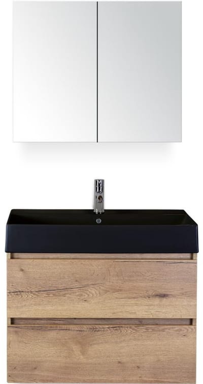 Maxx XL Badmeubelset 80 cm - Natuur Eiken - Wastafel Kube Zwart 1 Kraangat met Spiegelkast