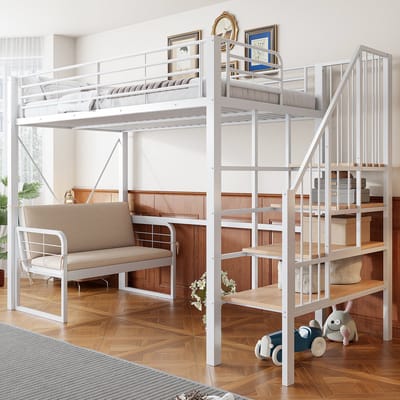 Stapelbed 90x200 - Metaal Bed met Zitzak, Opbergruimte en Veiligheidsladder - Wit