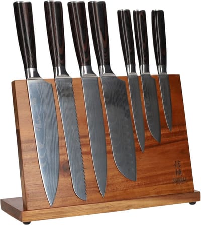 Shinrai Knives Messenset met Blok 7 delig - Koksmes - Messen met Damascus Print - Magnetisch Messenblok Enkelzijdig - Met Luxe Geschenkdoos - Messenhouder - Keukenmes - Koksmes