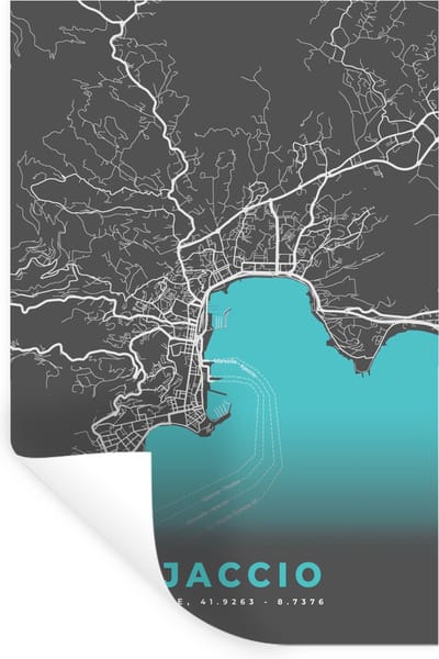 Muurstickers - Sticker Folie - Kaart – Stadskaart – Frankrijk - Ajaccio - Plattegrond - Corsica - 20x30 cm - Plakfolie - Muurstickers Kinderkamer - Zelfklevend Behang - Zelfklevend behangpapier - Stickerfolie