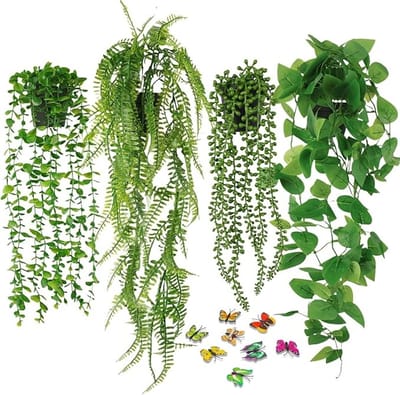 Set van 4 kunstmatige hangplanten met potten voor binnen en buiten