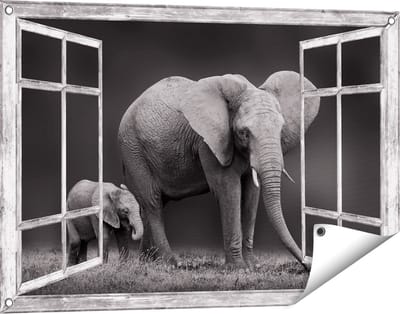 Gards Tuinposter Doorkijk Olifant Moeder en Zoon - Zwart Wit - 90x60 cm - Tuindoek - Tuindecoratie - Wanddecoratie buiten - Tuinschilderij