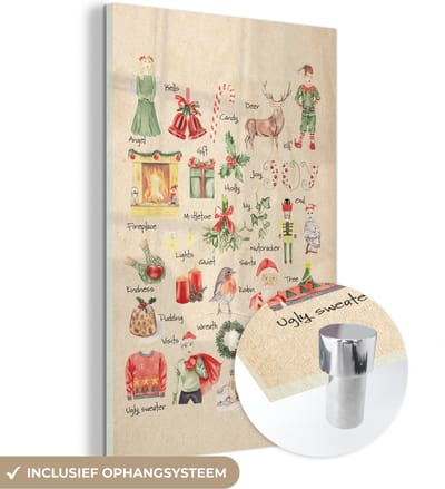 MuchoWow® Glasschilderij 120x180 cm - Schilderij acrylglas - Alfabet - Kerst - Christmas - Educatief - Retro - Kind - Kinderen - Foto op glas - Schilderijen