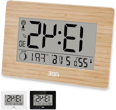 Grote digitale radiogestuurde klok met XXL cijfers | tafelklok met kalender- en temperatuurweergave | DCF radiogestuurde wekker | behuizing met echt bamboe | incl. Batterijen