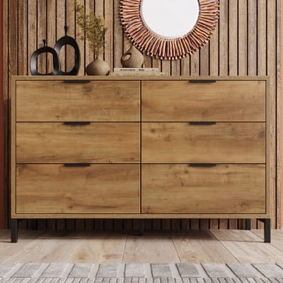 Sweiko Kommode,Kast, Zijpaneel met 6 lades, 120 x 40 x 76 cm Donker Eiken Kleur, Hoog paneel voor slaapkamer en alle woonruimtes