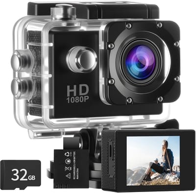 Actiecamera met 32G-kaart, HD 1080P30FPS onderwatercamera, 30 m, waterdicht, met 900 mAh batterijen, 140 graden ultrabrede kijkhoek, helmcamera, sportcamera met accessoireset