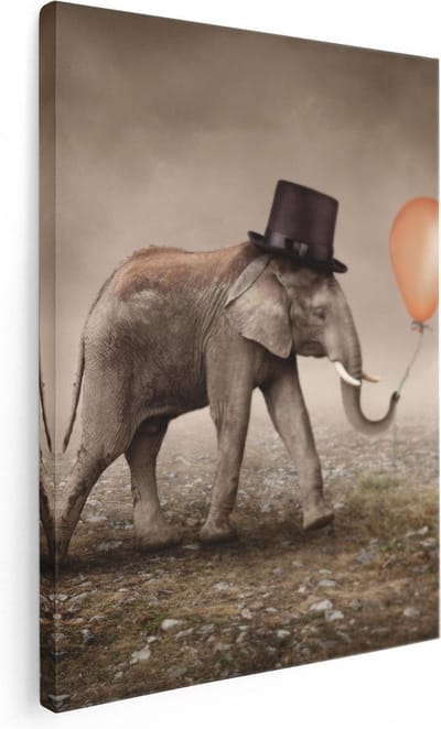 Artaza Canvas Schilderij Olifant Met Ballon - 30x40 cm - Klein - Wanddecoratie Dierenkop - Muurdecoratie Woonkamer - Schilderijen Op Canvas