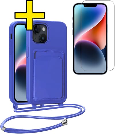 Hoesje Geschikt voor iPhone 13 Telefoonhoesje Met Koord Case Pashouder Met Screenprotector Siliconen - Hoes Geschikt voor iPhone 13 Hoesje Met Kaarthouder - Felblauw