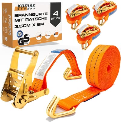 4x Spanband met Ratel en Haken - 6 Meter x 2000kg - 35mm Ladingzekering - Oranje - TÜV/GS Gecertificeerd