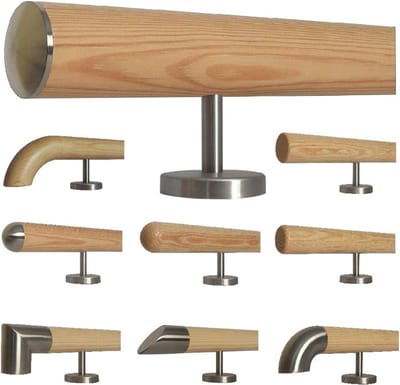 Houten Trapleuning - Muurleuning Grenen - Veilig Traplopen - Licht Gebogen RVS Dop - 90 cm - Niet Van Toepassing