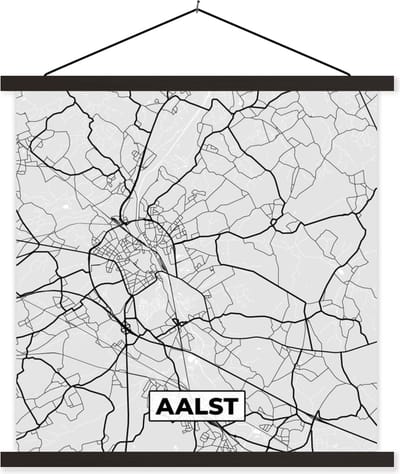 Posterhanger incl. Poster 60x60 cm - Schoolplaat - Zwart Wit – België – Plattegrond – Stadskaart – Kaart – Aalst - Textielposter - Zwarte latten - Stadskaart