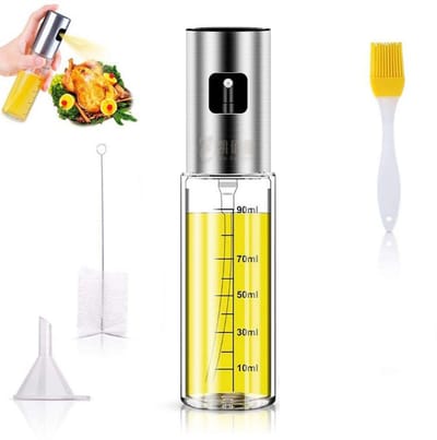 JeiibrZui 1 304 roestvrijstalen olijfolie-spuit met 100 ml maatfles en siliconenborstel, lekvrije olie-spuitfles voor koken, bakken en grillen