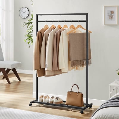 MIRA Home - MAZAZU Kledingrek met wieltjes - Met schoenenplank - Zwart Metaal - 44x95x157,7 cm