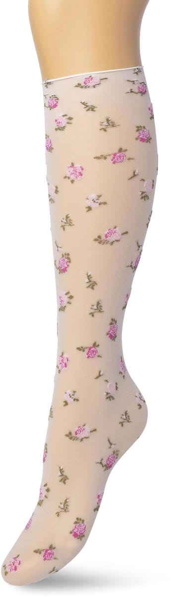 Bonnie Doon Dames Panty Kniekousen met Bloemen Roze maat 36/42 - Gebloemde Knie Kousen - Luxe Knie Sokken - Uitstekend draagcomfort - English Flower Knee High - Kniesokken - Romantisch - Zakt niet af - Paradise Pink - BP211502.310