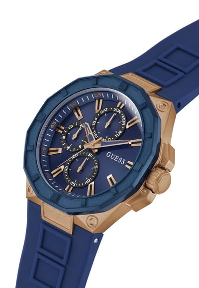 Guess R2 Multifunctioneel Horloge Blauw Kast Gemaakt Van 100% Roestvrij Staal En Een Armband Van 100% Siliconen 46 GW0803G1, GW0803G2