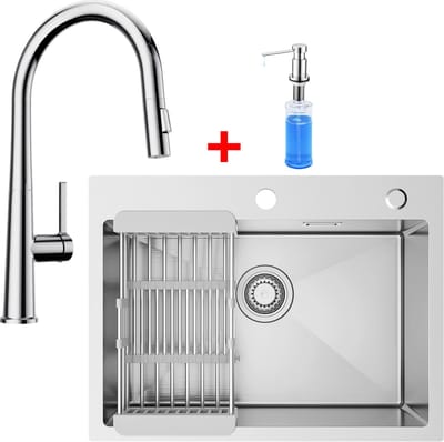SOFETIY MAX Spoelbak voor keuken 60 x 45 cm - Spoelbakken Keuken Met C-uitloop Keukenkraan en Zeepdispenser 300ML - 1 Gootsteen RVS - Wasbak Keuken Met Aftapmand en Waterafvoersysteem