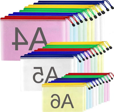 Set van 30 Zip Pouches in A4, A5 en A6 Formaat - Plastic Zip Bags voor Documentopslag, Organisatie en Recepten in 5 Kleuren