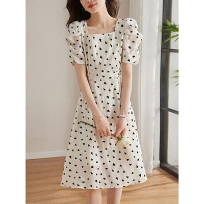 Pofmouwjurk Zomer Nieuw Hoge taille Slank Frans Vierkante halslijn Polkadot Rok XL gray