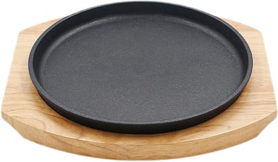 Gietijzeren Serveerplaat - Warme Schotel - Eten Warm Houden - Met Houten Basis - 26cm Diameter - Zwart