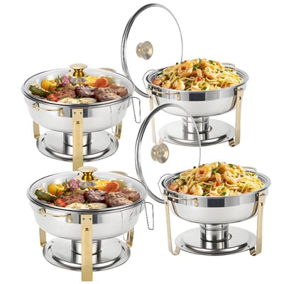 Warmounts Set van 4 Gouden Chafing Dishes – 4,7L Ronde Buffetwarmers met Glasdeksel – Roestvrij Staal, Stapelbaar, met Dekselhouder – Ideaal voor Feesten & Bruiloften