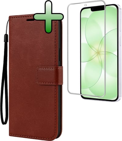 Hoesje Met Screenprotector - Geschikt voor Apple iPhone 17e - Luxe Pasjeshouder - Bookcase Portemonee - Flip Case - Kunstleer Book Case - Flipcase - Book Cover - Walletcase - Portemonneehoes - Bruin