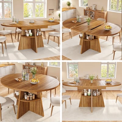 HAUSS SPOLE Eettafel - Uitschuifbaar Met Open Opbergvak - Rond Of Lang - MDF En Metaal - 110-150x110x76 Cm - Donkerbruin