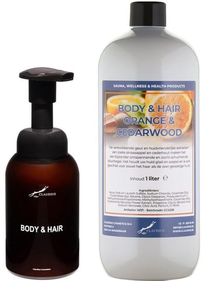 Zeepdispenser 300 ml amber bruin hervulbaar + 1 liter Body & Hair Sweet Orange & Cedarwood navulling